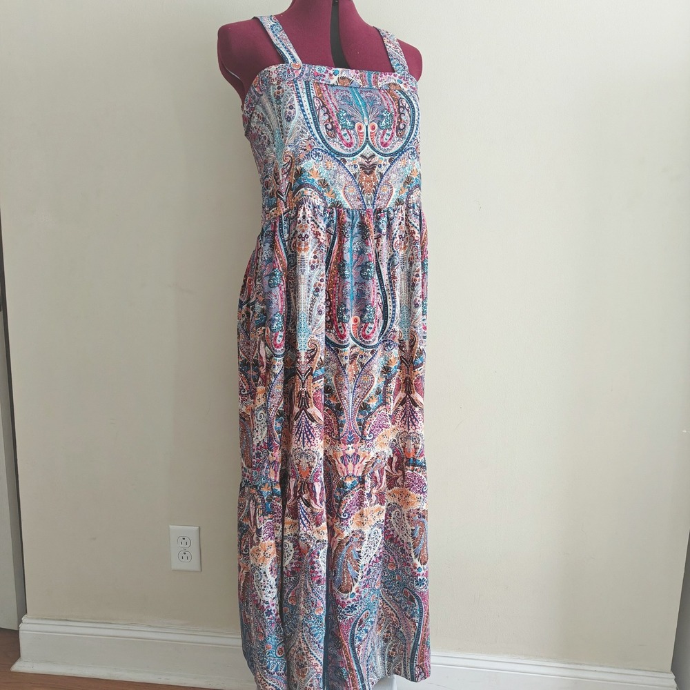 Dex Crown Flower Paisley Maxi Dress Lined Womens Medium Multicolor Tiered Boho